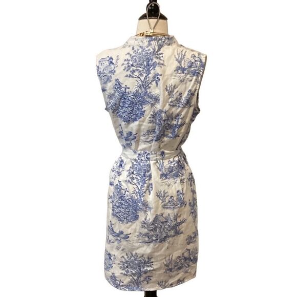 Chloe + Rene Linen blend Cottage Print Dress Blue and White Sleeveless M - Picture 2 of 16
